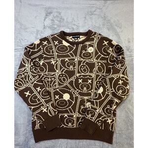 Bleecker & Mercer Sweater M Brown Beige Graphic Bear Face Knit Crewneck Pullover